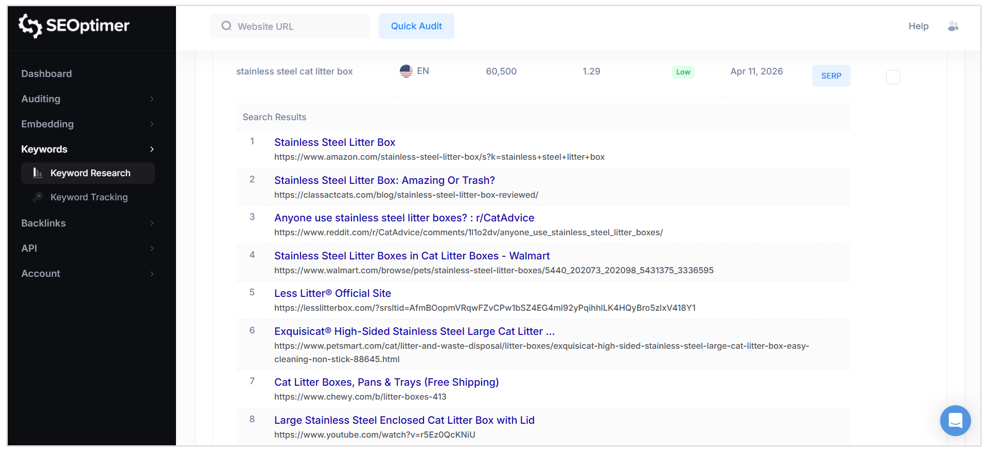 View SERPs in SEOptimer Keyword Research tool